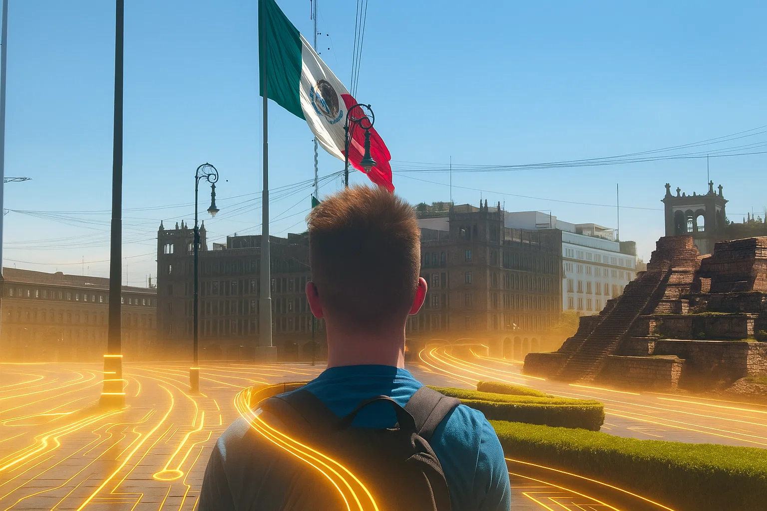 Person contemplating ancient pyramid with digital circuits in Mexican plaza